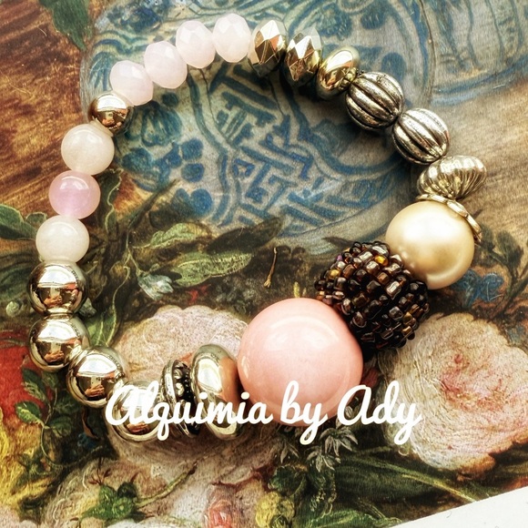 Pink quartz chunky acrylic goldstatement maximalist bracelet
